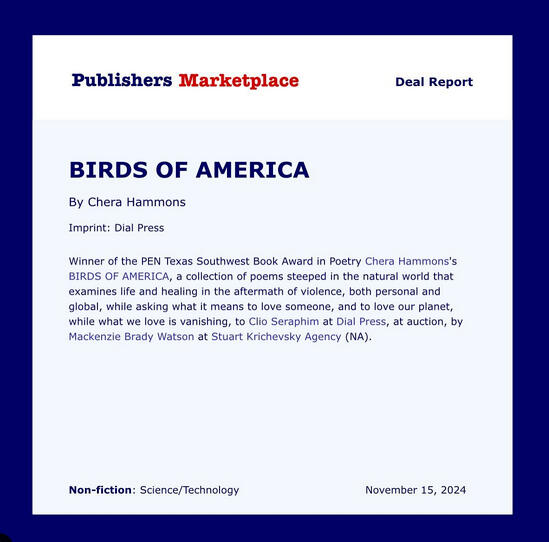 18 Birds of America announcement in Publisher's Marketplace